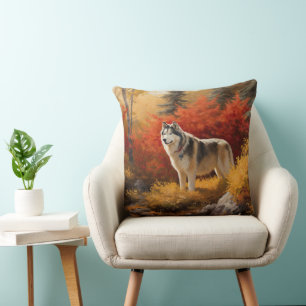 Alaskan Malamute in Autumn Leaves Fall Inspired Throw Pillow