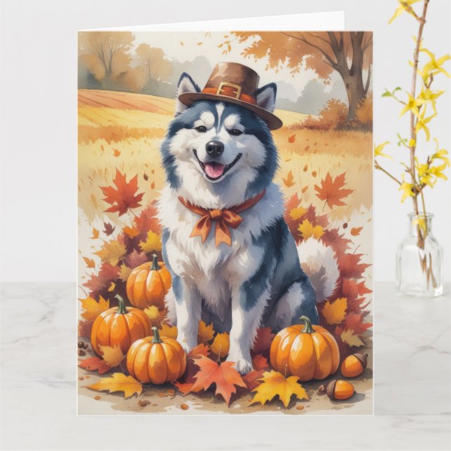 Alaskan Malamute in Autumn Leaves Thanksgiving Art Card (Yellow Flower)