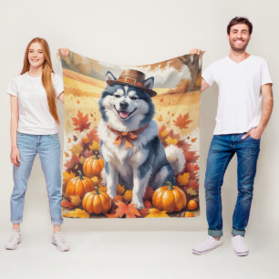 Alaskan Malamute in Autumn Leaves Thanksgiving Art Fleece Blanket