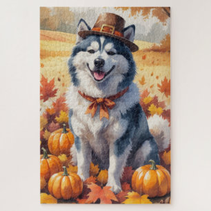 Alaskan Malamute in Autumn Leaves Thanksgiving Art Jigsaw Puzzle