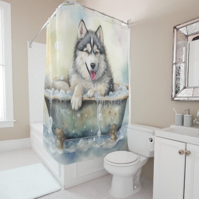 Alaskan Malamute In Bathtub Watercolor Dog Art  Shower Curtain (In Situ)