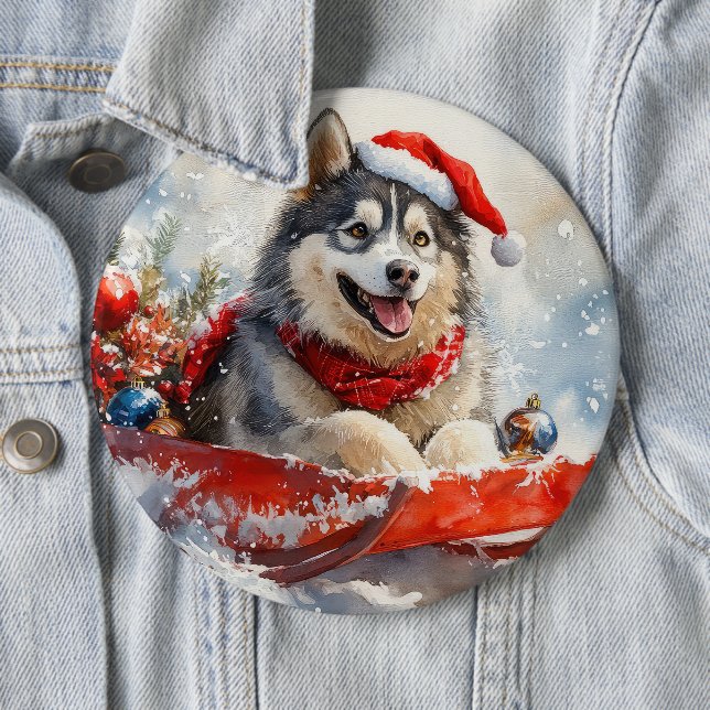 Alaskan Malamute in Sledge Let it Snow Christmas Button (In Situ)