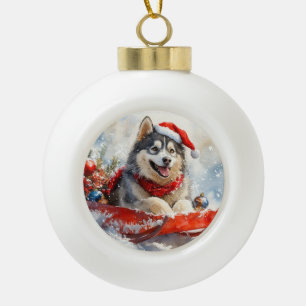 Alaskan Malamute in Sledge Let it Snow Christmas Ceramic Ball Christmas Ornament