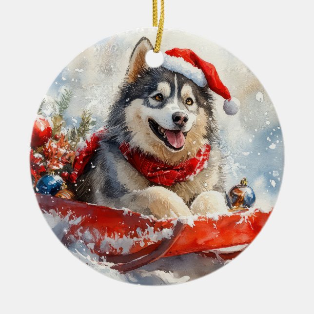 Alaskan Malamute in Sledge Let it Snow Christmas Ceramic Ornament (Front)