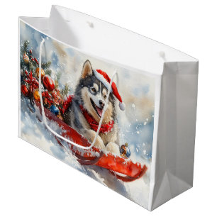 Alaskan Malamute in Sledge Let it Snow Christmas Large Gift Bag