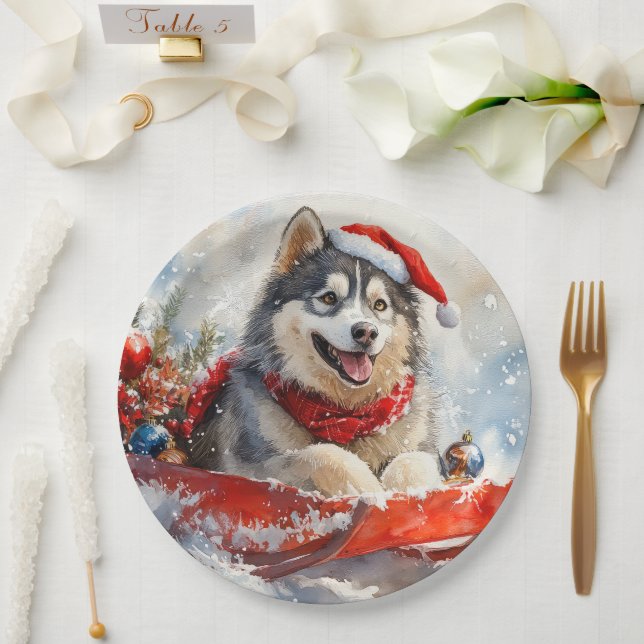 Alaskan Malamute in Sledge Let it Snow Christmas Paper Plates (Wedding)