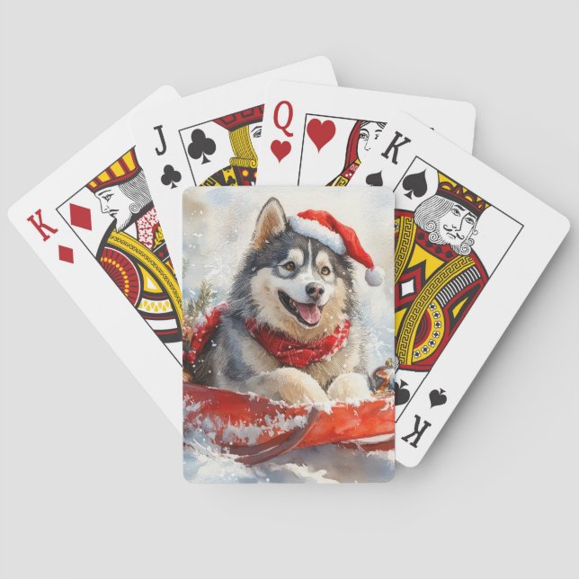 Alaskan Malamute in Sledge Let it Snow Christmas Poker Cards (Back)