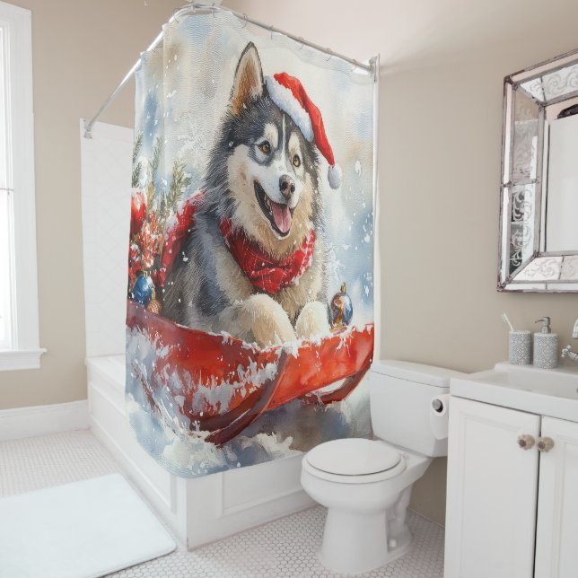 Alaskan Malamute in Sledge Let it Snow Christmas Shower Curtain (In Situ)