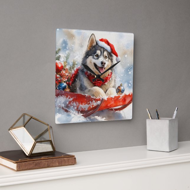 Alaskan Malamute in Sledge Let it Snow Christmas Square Wall Clock (Office)