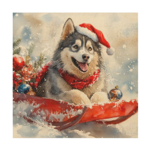 Alaskan Malamute in Sledge Let it Snow Christmas Wood Wall Art