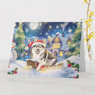Alaskan Malamute in Sleigh Snow Christmas Card