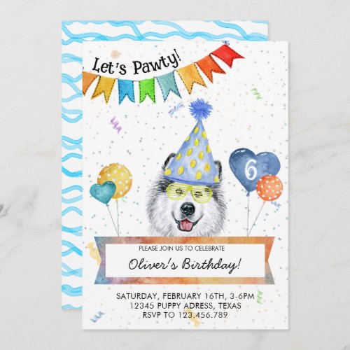 Alaskan Malamute Lets Pawty Dog Birthday Party Invitation