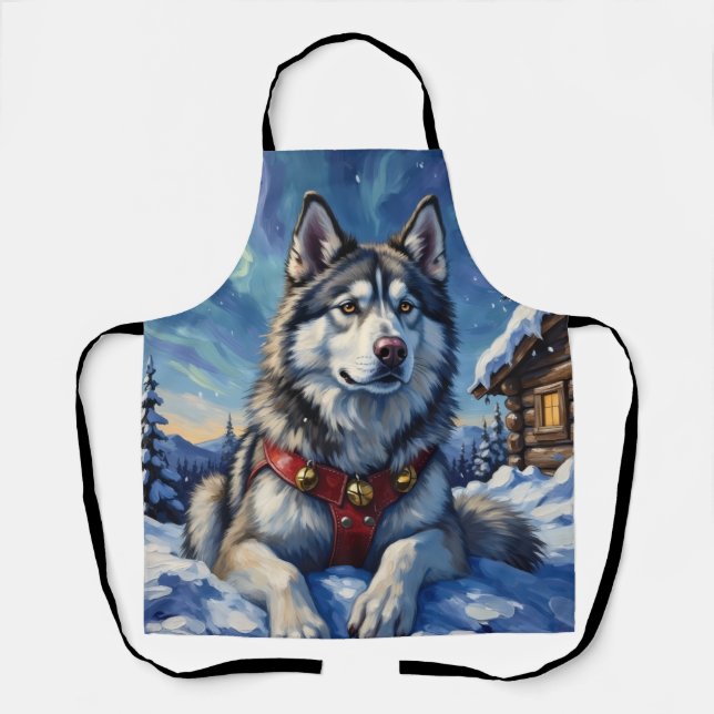 Alaskan Malamute North Pole Winter Christmas Apron (Front)