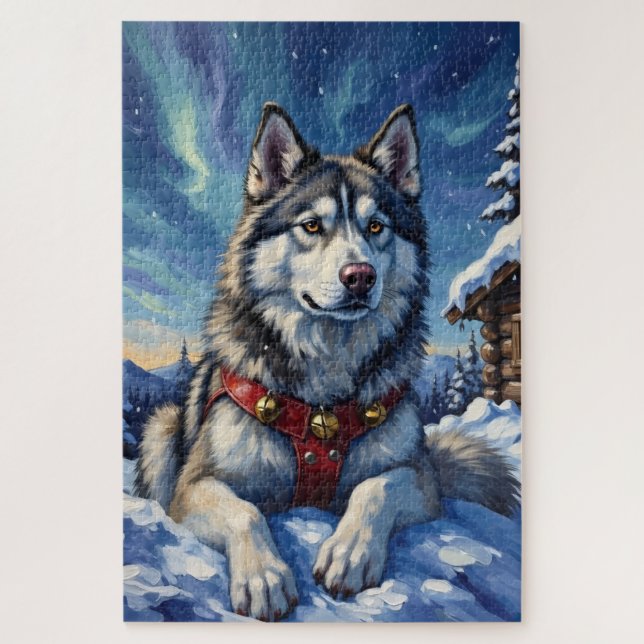 Alaskan Malamute North Pole Winter Christmas Jigsaw Puzzle (Vertical)