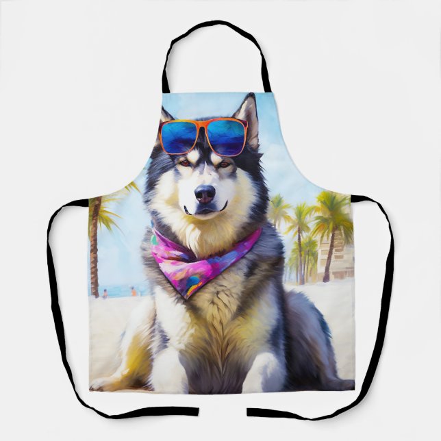 Alaskan Malamute on Beach, summer gift Apron (Front)