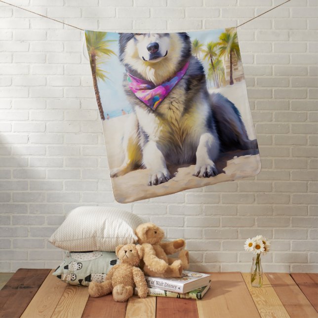 Alaskan Malamute on Beach, summer gift Baby Blanket (In Situ)