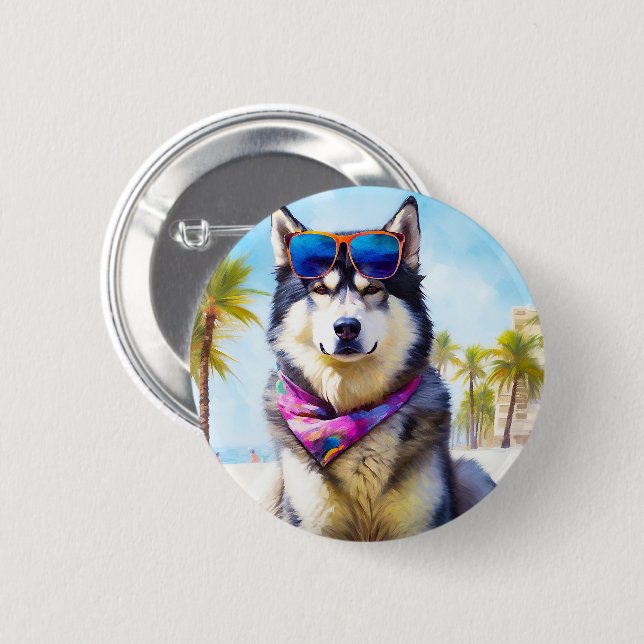Alaskan Malamute on Beach, summer gift Button (Front & Back)