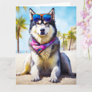 Alaskan Malamute on Beach, summer gift Card