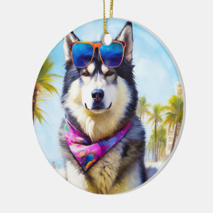 Alaskan Malamute on Beach, summer gift Ceramic Ornament