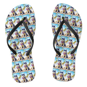 Alaskan Malamute on Beach, summer gift Flip Flops