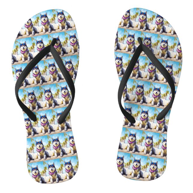 Alaskan Malamute on Beach, summer gift Flip Flops (Footbed)