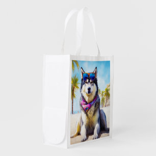 Alaskan Malamute on Beach, summer gift Grocery Bag