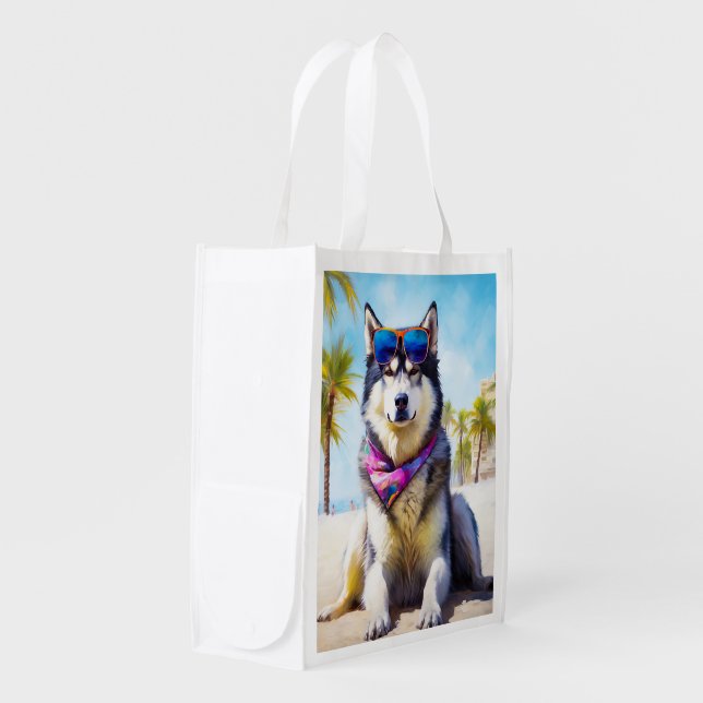Alaskan Malamute on Beach, summer gift Grocery Bag (Front Side)