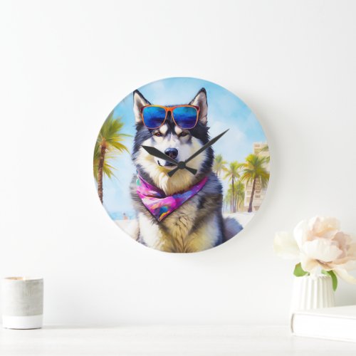 Alaskan Malamute on Beach summer gift Large Clock