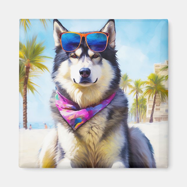 Alaskan Malamute on Beach, summer gift Magnet (Front)