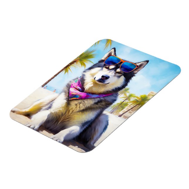 Alaskan Malamute on Beach, summer gift Magnet (Left Side)