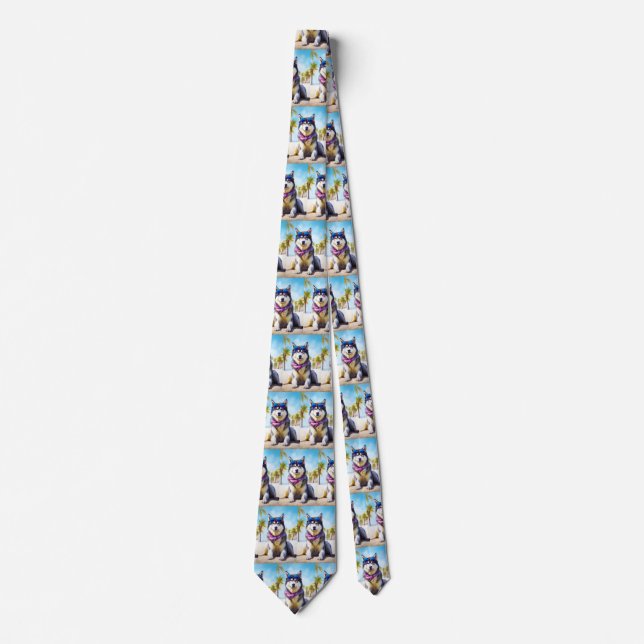 Alaskan Malamute on Beach, summer gift Neck Tie (Front)