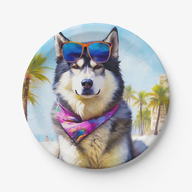 Alaskan Malamute on Beach, summer gift Paper Plates (Front)