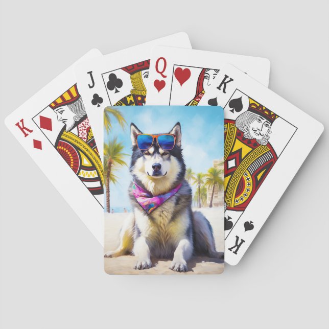 Alaskan Malamute on Beach, summer gift Poker Cards (Back)
