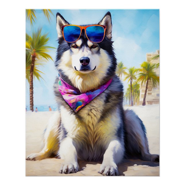 Alaskan Malamute on Beach, summer gift Poster (Front)