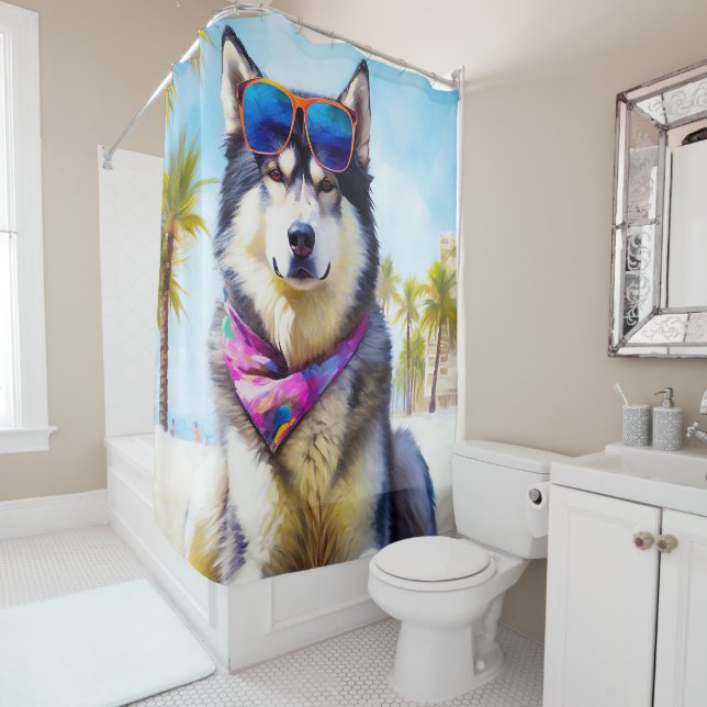 Alaskan Malamute on Beach, summer gift Shower Curtain (In Situ)