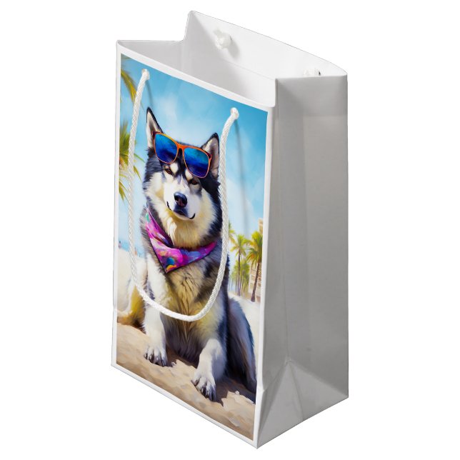 Alaskan Malamute on Beach, summer gift Small Gift Bag (Front Angled)