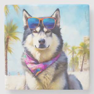 Alaskan Malamute on Beach, summer gift Stone Coaster