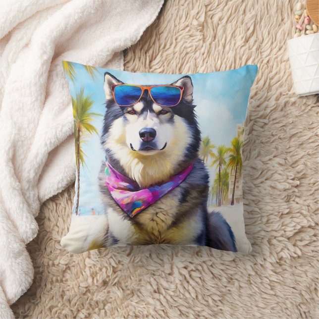 Alaskan Malamute on Beach, summer gift Throw Pillow (Blanket)