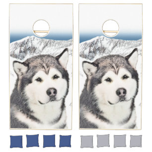 Alaskan Malamute Painting - Cute Original Dog Art Cornhole Set