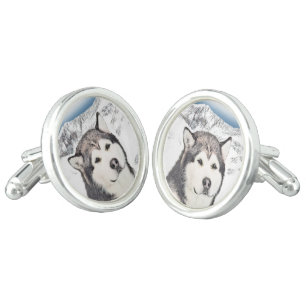 Alaskan Malamute Painting - Cute Original Dog Art Cufflinks