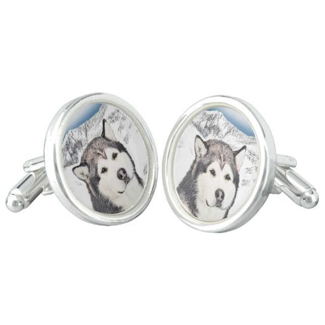 Alaskan Malamute Painting - Cute Original Dog Art Cufflinks (Angled)