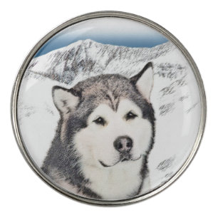 Alaskan Malamute Painting - Cute Original Dog Art Golf Ball Marker