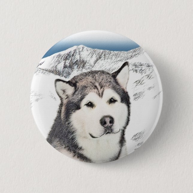 Alaskan Malamute Painting - Cute Original Dog Art Pinback Button (Front)