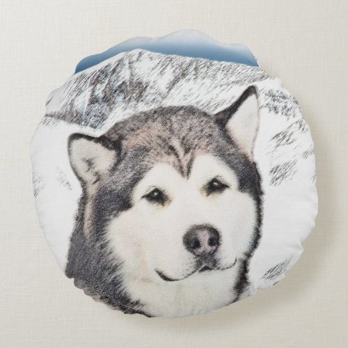 Alaskan Malamute Painting _ Cute Original Dog Art Round Pillow