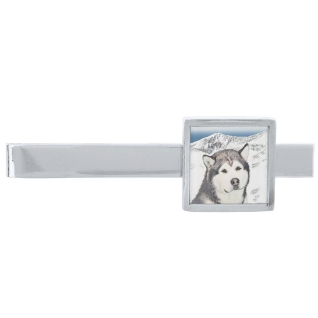 Alaskan Malamute Painting - Cute Original Dog Art Silver Finish Tie Clip (Front)