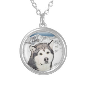 Alaskan Malamute Painting - Cute Original Dog Art Silver Plated Necklace