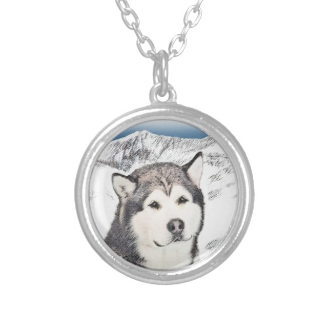 Alaskan Malamute Painting - Cute Original Dog Art Silver Plated Necklace (Front)