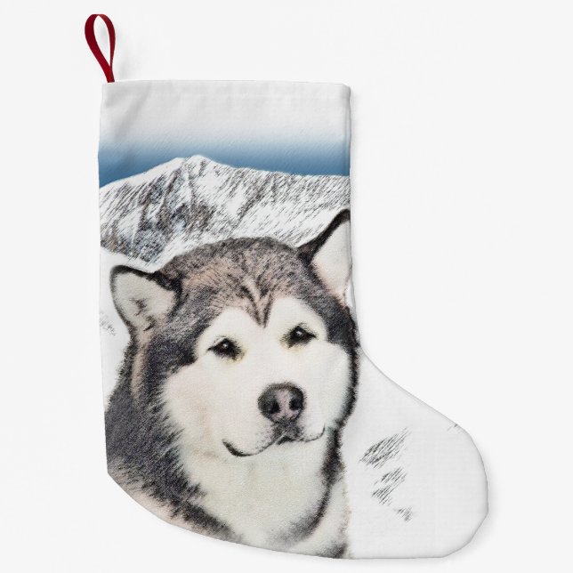 Alaskan Malamute Painting - Cute Original Dog Art Small Christmas Stocking (Front)