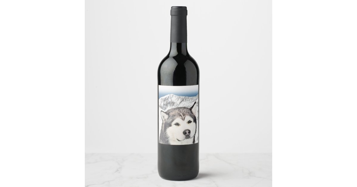 Alaskan Malamute Painting Cute Original Dog Art Wine Label