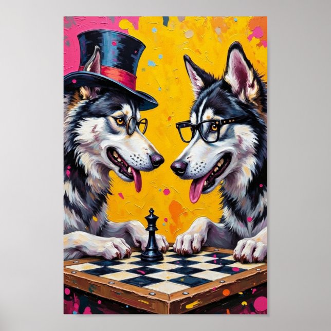 Alaskan Malamute Playing Chess Pop Art Poster (Front)